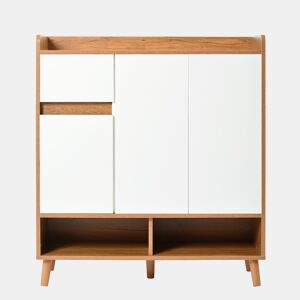 Sapateira com prateleiras ajustáveis - Organizador minimalista com pés em madeira maciça - 99x90x35 cm - Branco + Natural