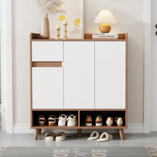 Sapateira com prateleiras ajustáveis - Organizador minimalista com pés em madeira maciça - 99x90x35 cm - Branco + Natural