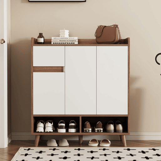 Sapateira com prateleiras ajustáveis - Organizador minimalista com pés em madeira maciça - 99x90x35 cm - Branco + Natural