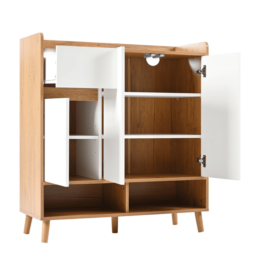 Sapateira com prateleiras ajustáveis - Organizador minimalista com pés em madeira maciça - 99x90x35 cm - Branco + Natural