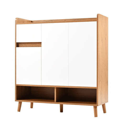 Sapateira com prateleiras ajustáveis - Organizador minimalista com pés em madeira maciça - 99x90x35 cm - Branco + Natural