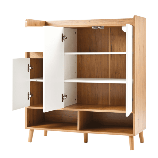 Sapateira com prateleiras ajustáveis - Organizador minimalista com pés em madeira maciça - 99x90x35 cm - Branco + Natural