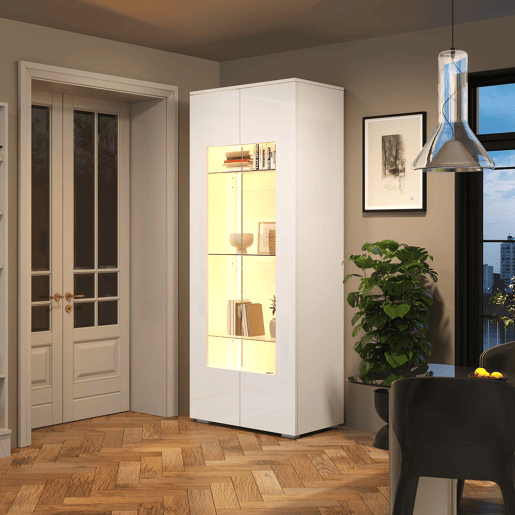 Vitrine 70x40x173 cm - 2 portas acrílicas, LED, vidro temperado, alto brilho - Branco