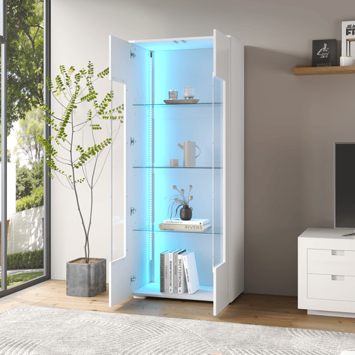 Vitrine 70x40x173 cm - 2 portas acrílicas, LED, vidro temperado, alto brilho - Branco