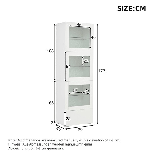 Vitrine 60x40x173 cm - Portas acrÃlicas, LED, 3 prateleiras de vidro, alto brilho - Branco Vitrine 60x40x173 cm - Portas acrÃlicas, LED, 3 prateleiras de vidro, alto brilho - Branco