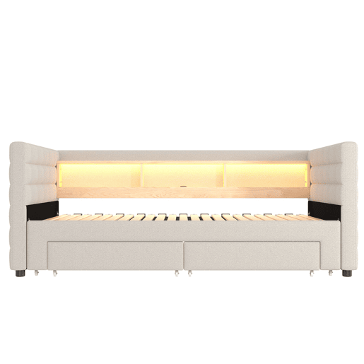 Cama de dia 90x190 cm - Design multifuncional, USB, 2 gavetas, luzes LED - Bege