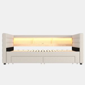 Cama de dia 90x190 cm - Design multifuncional, USB, 2 gavetas, luzes LED - Bege