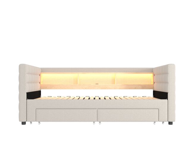 Cama día 90x190 cm - diseño multifuncional, usb, 2 cajones, luces led - beige