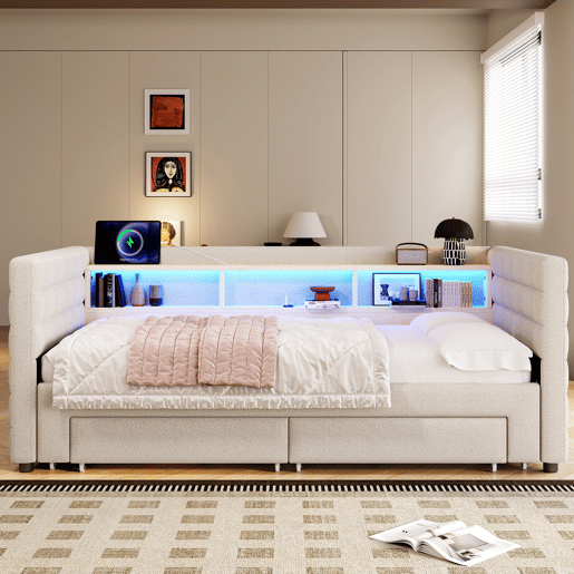 Cama de dia 90x190 cm - Design multifuncional, USB, 2 gavetas, luzes LED - Bege