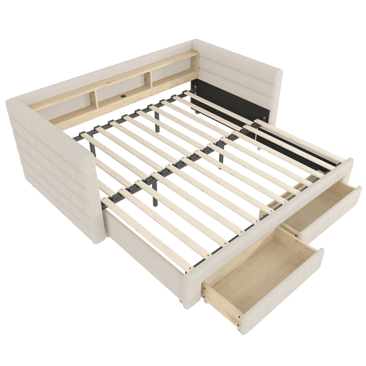 Cama de dia 90x190 cm - Design multifuncional, USB, 2 gavetas, luzes LED - Bege
