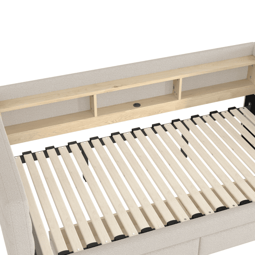 Cama de dia 90x190 cm - Design multifuncional, USB, 2 gavetas, luzes LED - Bege