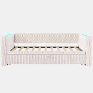 Cama de dia 90x200 cm - Sofá-cama multifuncional com barra LED - Bege