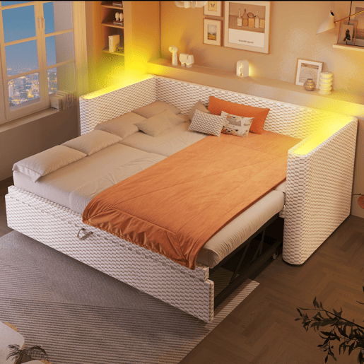 Cama de dia 90x200 cm - Sofá-cama multifuncional com barra LED - Bege