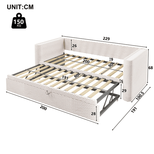 Cama de dia 90x200 cm - Sofá-cama multifuncional com barra LED - Bege