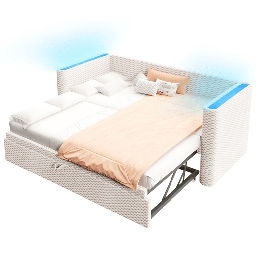 Cama de dia 90x200 cm - Sofá-cama multifuncional com barra LED - Bege