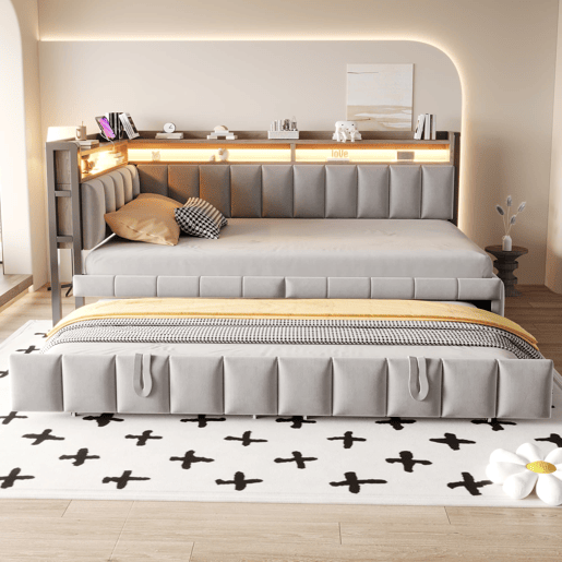 Sofá-cama 90x200 cm - Com cama extraível, iluminação LED, compartimentos, portas USB e Tipo-C - Cinza claro