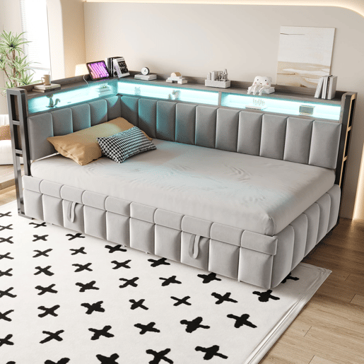 Sofá-cama 90x200 cm - Com cama extraível, iluminação LED, compartimentos, portas USB e Tipo-C - Cinza claro