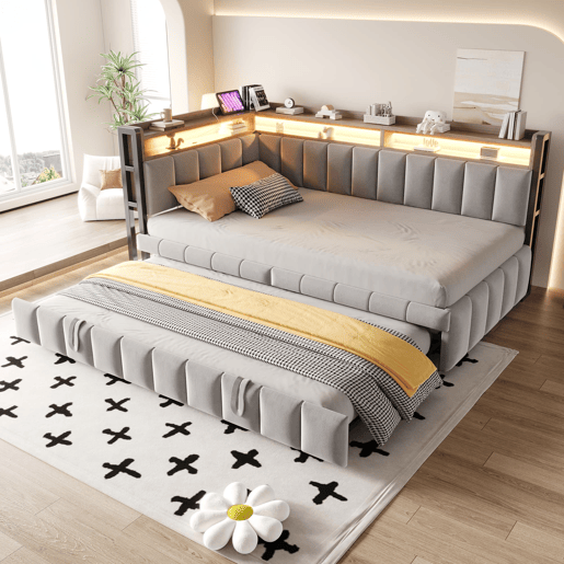 Sofá-cama 90x200 cm - Com cama extraível, iluminação LED, compartimentos, portas USB e Tipo-C - Cinza claro