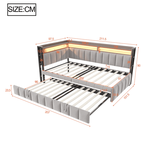 Sofá-cama 90x200 cm - Com cama extraível, iluminação LED, compartimentos, portas USB e Tipo-C - Cinza claro