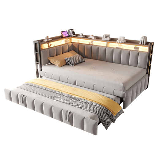 Sofá-cama 90x200 cm - Com cama extraível, iluminação LED, compartimentos, portas USB e Tipo-C - Cinza claro