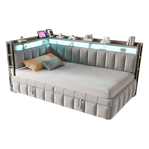 Sofá-cama 90x200 cm - Com cama extraível, iluminação LED, compartimentos, portas USB e Tipo-C - Cinza claro