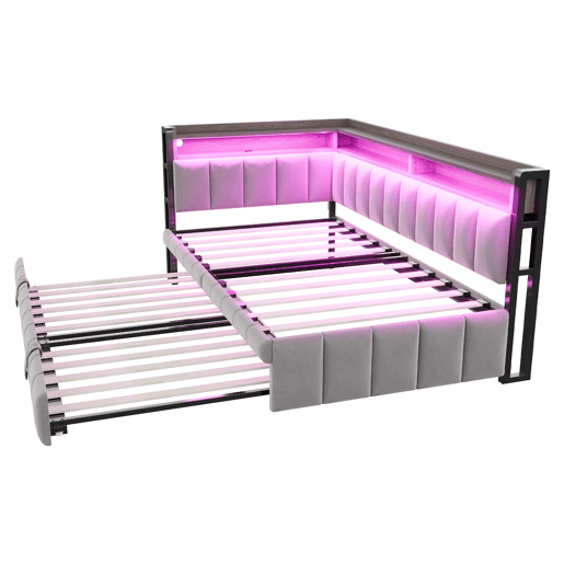 Sofá-cama 90x200 cm - Com cama extraível, iluminação LED, compartimentos, portas USB e Tipo-C - Cinza claro
