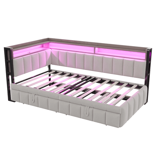Sofá-cama 90x200 cm - Com cama extraível, iluminação LED, compartimentos, portas USB e Tipo-C - Cinza claro