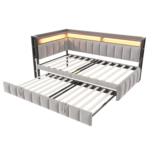Sofá-cama 90x200 cm - Com cama extraível, iluminação LED, compartimentos, portas USB e Tipo-C - Cinza claro