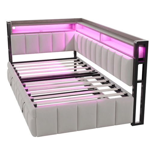 Sofá-cama 90x200 cm - Com cama extraível, iluminação LED, compartimentos, portas USB e Tipo-C - Cinza claro