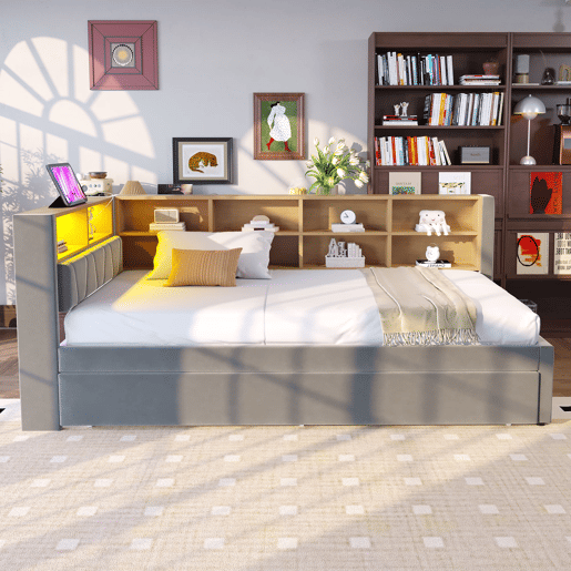 Sofá-cama 90x200 - Cama extensível 90x190, com luzes LED, tomadas e compartimentos, Flanela, Cinza escuro