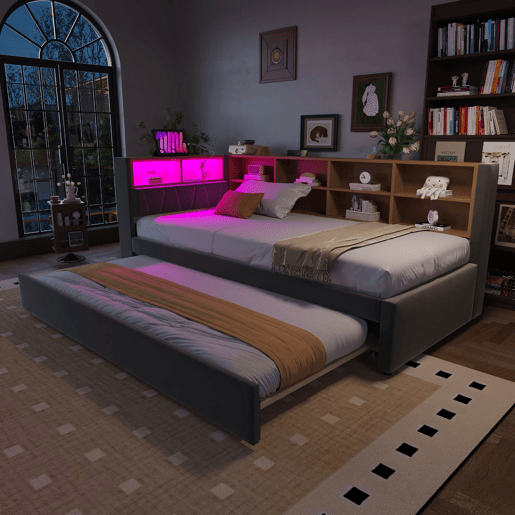 Sofá-cama 90x200 - Cama extensível 90x190, com luzes LED, tomadas e compartimentos, Flanela, Cinza escuro