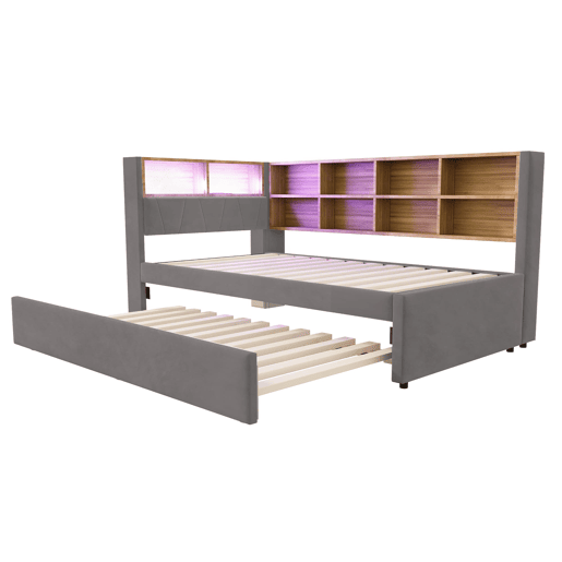Sofá-cama 90x200 - Cama extensível 90x190, com luzes LED, tomadas e compartimentos, Flanela, Cinza escuro