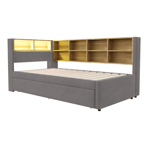 Sofá-cama 90x200 - Cama extensível 90x190, com luzes LED, tomadas e compartimentos, Flanela, Cinza escuro
