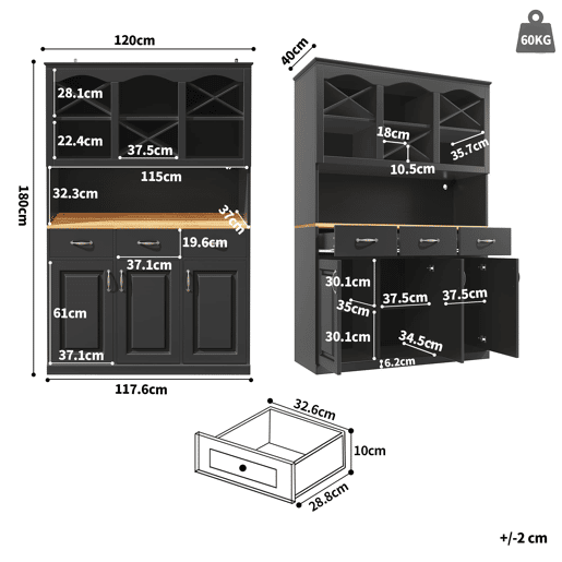Aparador 120x40x180 cm - Aparador alto, com 3 portas, 3 gavetas e LED - Preto
