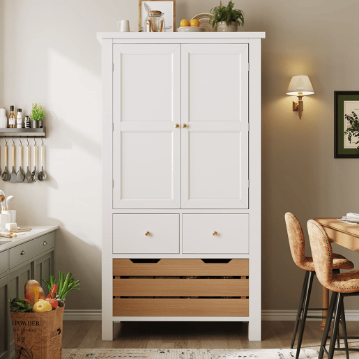 Aparador 80x40x140 cm - Aparador alto, móvel multifuncional com 2 portas e 5 gavetas - Branco Aparador 80x40x140 cm - Aparador alto, móvel multifuncional com 2 portas e 5 gavetas - Branco