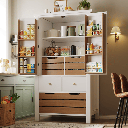 Aparador 80x40x140 cm - Aparador alto, móvel multifuncional com 2 portas e 5 gavetas - Branco Aparador 80x40x140 cm - Aparador alto, móvel multifuncional com 2 portas e 5 gavetas - Branco