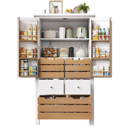 Aparador 80x40x140 cm - Aparador alto, móvel multifuncional com 2 portas e 5 gavetas - Branco Aparador 80x40x140 cm - Aparador alto, móvel multifuncional com 2 portas e 5 gavetas - Branco