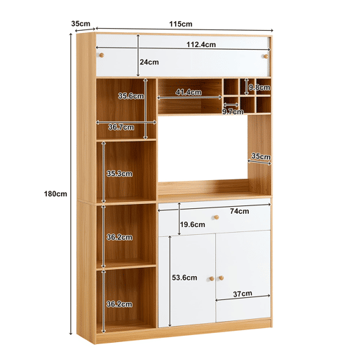 Aparador 115x35x180 cm - Buffet com LED, armário multifuncional, 1 gaveta, 3 portas, prateleiras