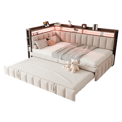 Sofá-cama 90x200 cm - Cama extraível, iluminação LED, portas USB e Tipo-C, bege