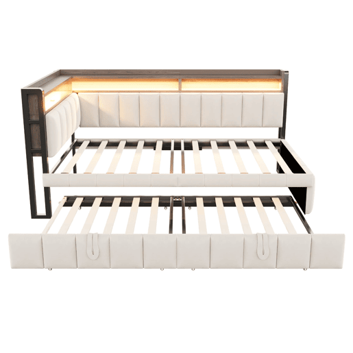 Sofá-cama 90x200 cm - Cama extraível, iluminação LED, portas USB e Tipo-C, bege
