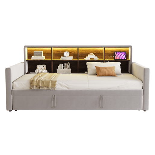 Sofá-cama 90x190 cm - Cabeceira com arrumação, luz LED, tomadas, cama extensível, estofamento em veludo - Cinza claro