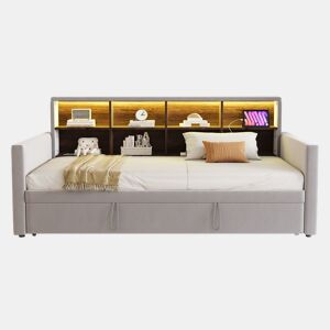 Sofá-cama 90x190 cm - Cabeceira com arrumação, luz LED, tomadas, cama extensível, estofamento em veludo - Cinza claro