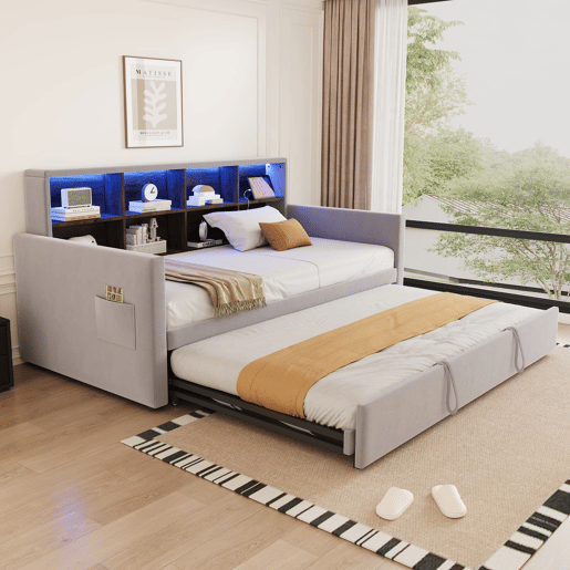Sofá-cama 90x190 cm - Cabeceira com arrumação, luz LED, tomadas, cama extensível, estofamento em veludo - Cinza claro