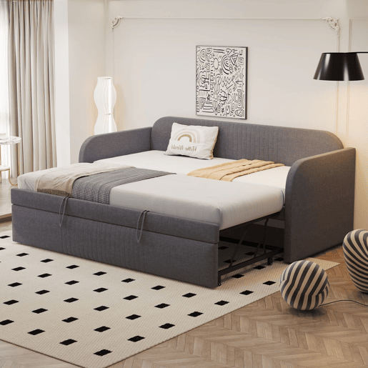 Sofá-cama 90180*190 cm - Com riscas verticais, com estrado, multifuncional, linho, cinzento