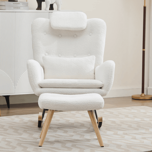 Cadeira de balanço com apoio para os pés - Design moderno, com braços, tecido de veludo, até 100 kg - Branco