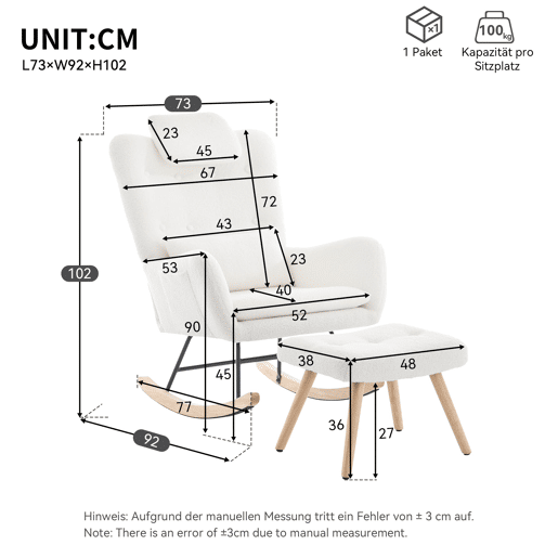 Cadeira de balanço com apoio para os pés - Design moderno, com braços, tecido de veludo, até 100 kg - Branco