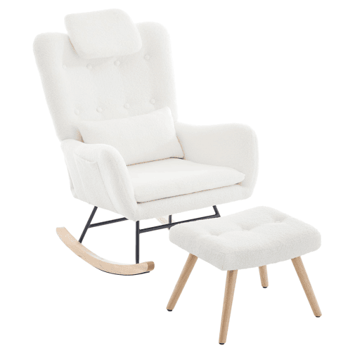Cadeira de balanço com apoio para os pés - Design moderno, com braços, tecido de veludo, até 100 kg - Branco