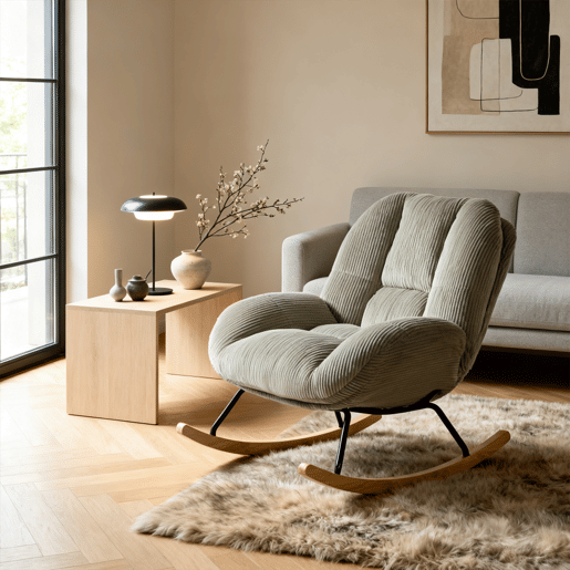 Poltrona Relax Mecedora Estofada Em Veludo Cotelê Cinza Estilo Nórdico Com Assento Almofadado Espesso Encosto Ergonómico Balanço Suave Estrutura Em Madeira E Metal Ideal Para Sala Leitura E Momentos De Descanso