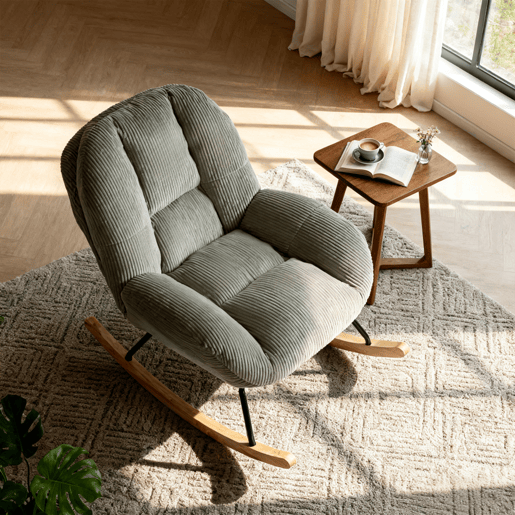 Poltrona Relax Mecedora Estofada Em Veludo Cotelê Cinza Estilo Nórdico Com Assento Almofadado Espesso Encosto Ergonómico Balanço Suave Estrutura Em Madeira E Metal Ideal Para Sala Leitura E Momentos De Descanso
