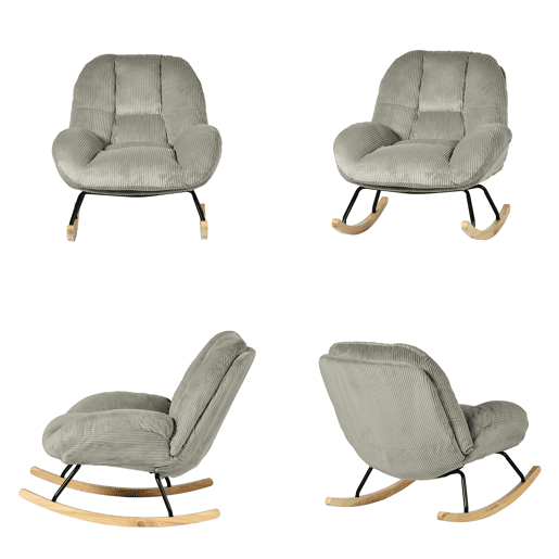 Poltrona Relax Mecedora Estofada Em Veludo Cotelê Cinza Estilo Nórdico Com Assento Almofadado Espesso Encosto Ergonómico Balanço Suave Estrutura Em Madeira E Metal Ideal Para Sala Leitura E Momentos De Descanso